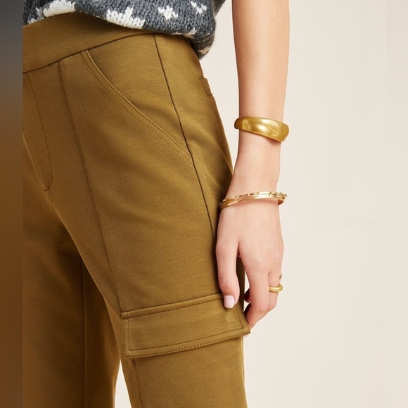 By Anthropologie The Essential Slim Knit Cargo Pants Olive Green Trousers Sz 4 - Picture 3 of 14